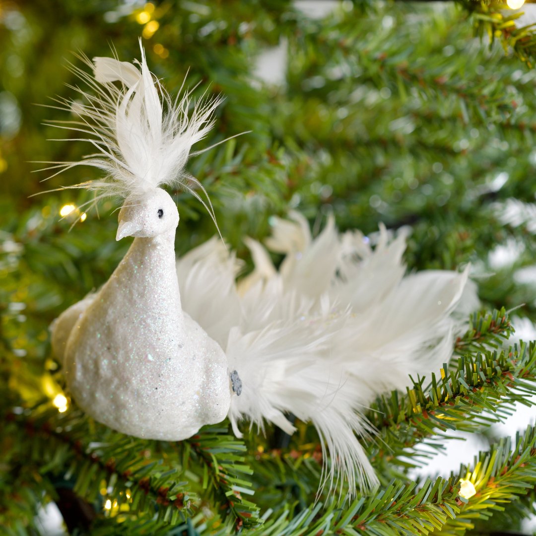 White Peacock with Feather Tail Christmas Ornament