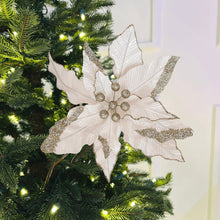 White Poinsettia Christmas Tree Pick with Champagne Glitter- Set of 6 - ironyhome