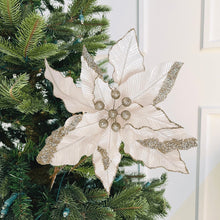 White Poinsettia Christmas Tree Pick with Champagne Glitter- Set of 6 - ironyhome
