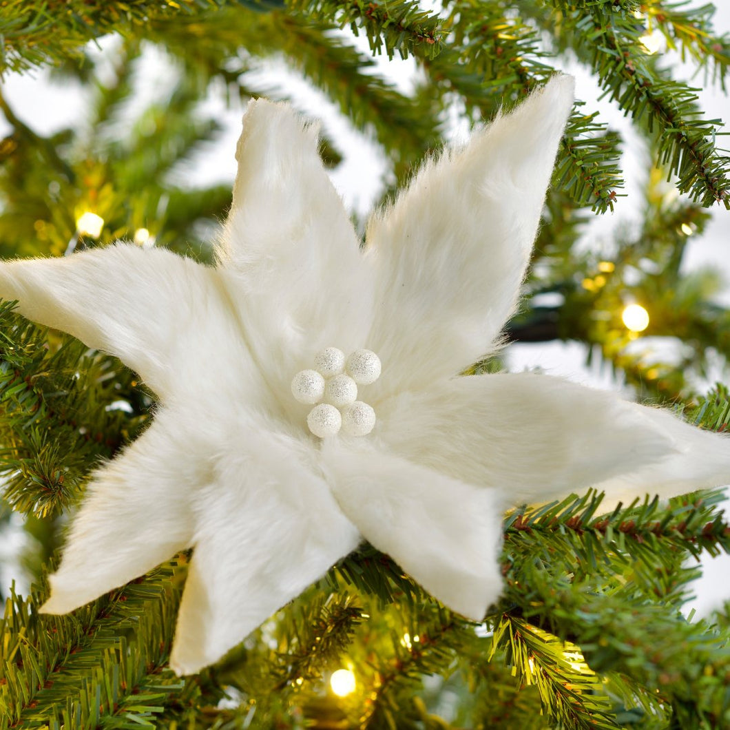 White Poinsettia Flower Clip-on Ornament - Set of 6 - ironyhome