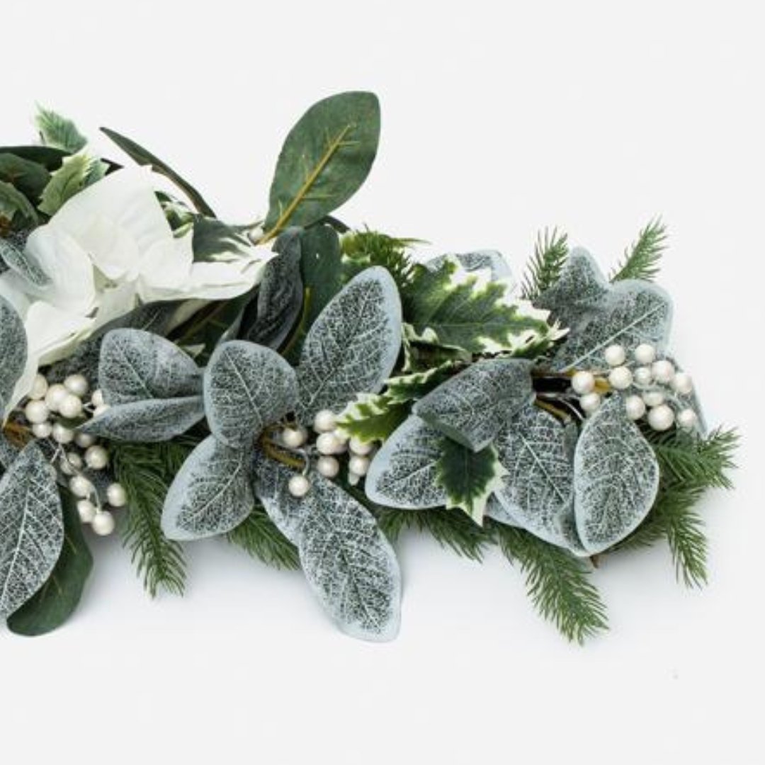 White Poinsettia & Frosted Foliage Festive Door Swag