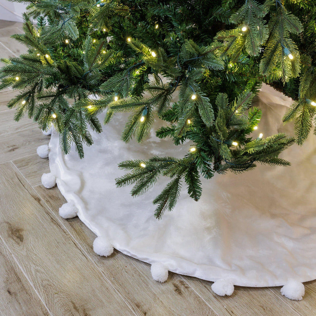 White Velvet Christmas Tree Skirt with Pom Pom Borders - ironyhome